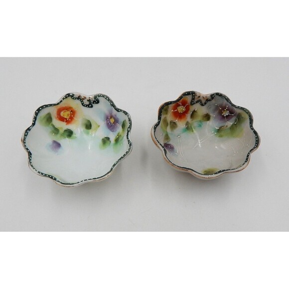 Porcelain Footed Nut Sauce Bowls Painted Roses Moriage Gold Trim Japan Asian - Picture 1 of 7